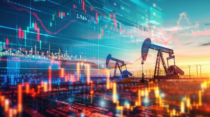 Aufkleber - A digital screen displaying financial charts overlays an image of oil pumps in a field at sunset.
