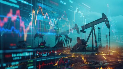 Aufkleber - Oil pump silhouettes are superimposed with financial charts, highlighting the connection between oil production and fuel costs.