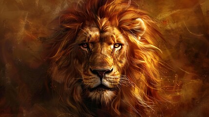 a regal lion with a flowing mane, staring intensely at the camera, its powerful muscles evident bene