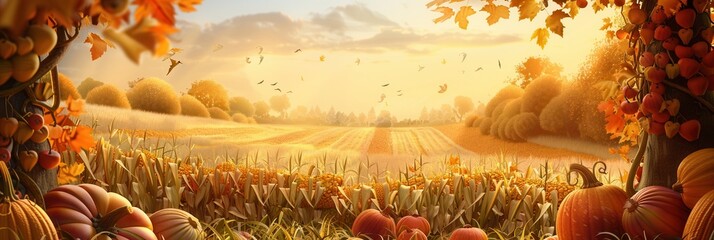 Wall Mural - A field of corn stalks and pumpkins, surrounded by trees with colorful autumn leaves, under a bright sky.