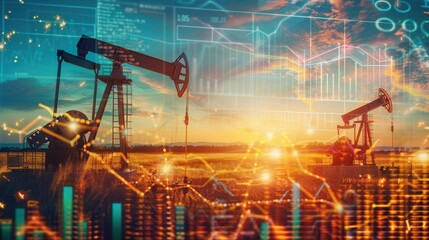 Aufkleber - Oil pumpjacks operate in a field as a digital overlay of financial charts and graphs displays rising prices.