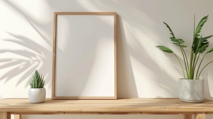 Poster - Style picture frame displayed on wooden table with empty mockup in living room Natural light interior design template
