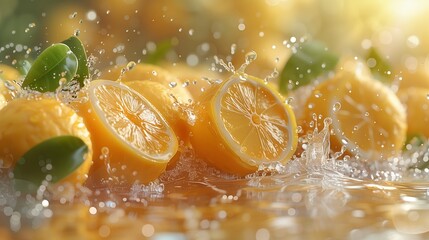 Sticker - Lemons Splashing in Water With Green Leaves and Sunlight