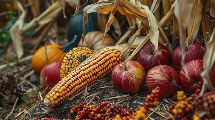Poster - A bountiful autumn harvest of corn, pumpkins, and apples lies scattered on the ground of a field.