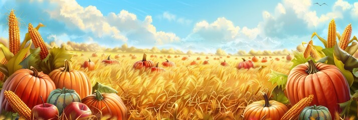 Poster - A field filled with ripe pumpkins, apples, and corn under a bright blue sky.