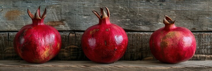 Aufkleber - Three ripe pomegranates sit in a row on a rustic wooden table.