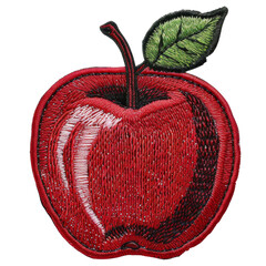 red apple embroidery patch with green leaf detail, cut out, isolated on transparent background png