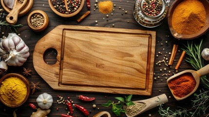 Sticker - Colorful ingredients and spices on wooden table with empty cutting board Retro top view