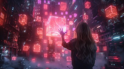 Wall Mural - Woman Reaches Toward Illuminated Cubes in Futuristic Cityscape