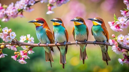 Wall Mural - Four Colorful Bee-eaters Perched on a Branch with Pink Blossoms, Bee-eaters, Birds, Nature, Spring