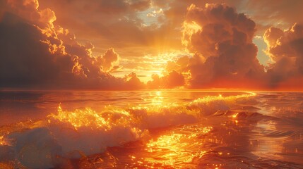 Wall Mural - Orange Sunset Over a Calm Ocean With Waves Breaking on the Shore