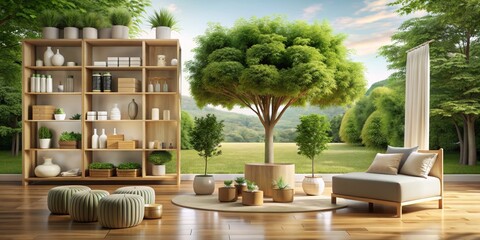 Natural Living Room with Green View, 3D Rendering, Wooden Furniture, Green Plants, Minimalist Design, living room, 3d rendering