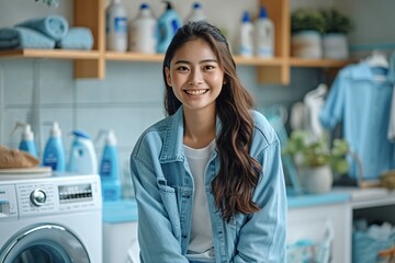 Middle aged asian woman doing laundry at laundromat. Housewife washing clothes into washing machine. Cleaning housework and hygiene concept