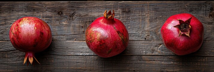 Leinwandbilder - Three whole ripe pomegranates with visible seeds lay on a rustic wooden table.