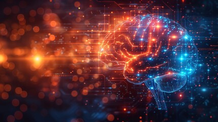 Poster - Digital illustration of an artificial intelligence brain with glowing circuits, futuristic technology concept