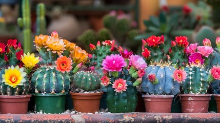 Assorted flower Cactus Plants in Row