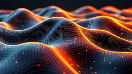 Poster - A visualization of digital waves using orange and blue glowing dots, depicting futuristic data representation