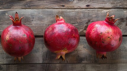 Leinwandbilder - Three ripe pomegranates, with visible seeds, arranged in a row on a rustic wooden background.