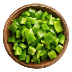 Wall Mural - chopped Green bell pepper in a wooden bowl top view isolated on transparent white background, clipping path