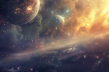 Poster - cosmic landscape featuring planets and stars suspended in space
