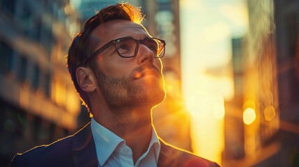 Canvas Print - Urban Visionary: A businessman in glasses, bathed in the golden glow of sunset amidst towering city buildings, exudes an air of ambition and contemplation. 