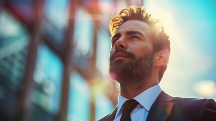 Poster - Ambition & The City Skyline: A determined businessman with a confident gaze, silhouetted against a backdrop of towering skyscrapers, evokes a sense of ambition, drive, and the pursuit of success.