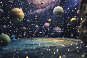 Poster - cosmic landscape featuring planets and stars suspended in space