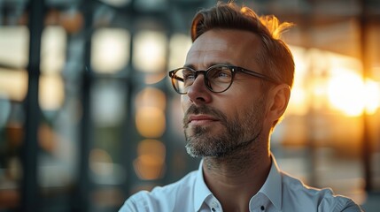 Sticker - Golden Hour Contemplation: A mature businessman in glasses reflects thoughtfully against the backdrop of a city sunset.