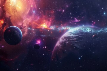 Poster - cosmic landscape featuring planets and stars suspended in space