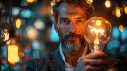 The Illuminating Spark: A portrait of a visionary man holding a glowing light bulb, symbolizing innovation and inspiration amidst a backdrop of warm, vintage-style lighting. 