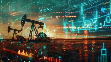 Aufkleber - Two oil pumps stand in a field at sunset, overlaid with a digital screen displaying financial chart graphs.