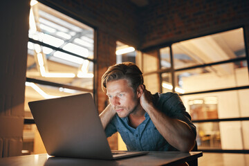 Aufkleber - Night, man or confused by laptop in office for project deadline, website or phishing email. Anxiety, hacked or security engineer in tech with stress for financial crisis, digital fraud or online scam