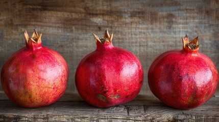 Leinwandbilder - Three red pomegranates with visible seeds rest on a rustic wooden background.