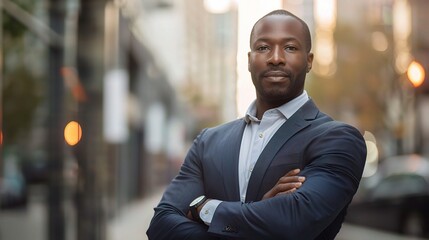 Sticker - Urban Confidence: A young Black professional exudes determination, standing with arms crossed in the heart of a bustling city.