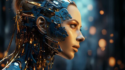 Poster - Beautiful face of a futuristic hi-tech cyborg robot woman. Connecting man and computer with artificial intelligence in the future of humanity