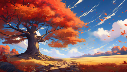 Wall Mural - Big tree with red leaves In the background is an autumn meadow, anime style.