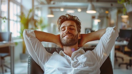Poster - Relax, success and businessman with hands behind his head after finished project in the office. Rest, calm and happy professional male employee on a break with an achievement task in the workplace