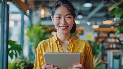 Poster - Research, happy or businesswoman with tablet or laptop for blog, post or networking in office. Digital agency, tech startup or social media manager typing online or planning for update with smile