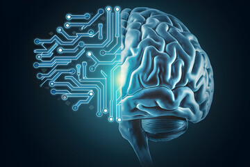 the convergence of mind and machine: a human brain seamlessly merges with intricate circuitry, symbo