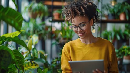 Poster - Research, happy or businesswoman with tablet or laptop for blog, post or networking in office. Digital agency, tech startup or social media manager typing online or planning for update with smile