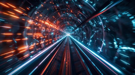 Poster - Dynamic futuristic tunnel with high-speed motion, blue and orange lights creating a vibrant atmosphere.