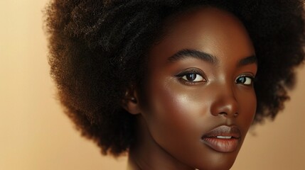 Wall Mural - Wellness, face or African models with beauty, glowing skin or afro isolated on brown background. Facial dermatology, black women or natural cosmetics skincare in studio with girl friends or people