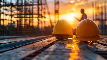 Wall Mural - two hard hats at a construction site at sunset