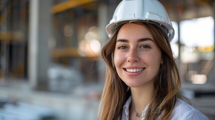 Sticker - Woman, portrait and career, inspection at construction site with maintenance, contractor and smile in portrait. Engineer, thinking and building