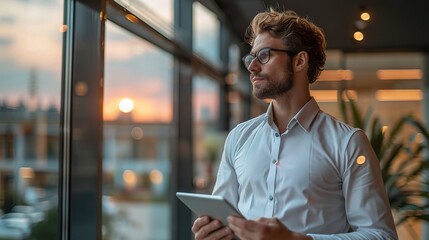 Poster - young businessman using a digital tablet while looking out the window in an office