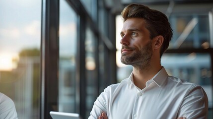 Poster - young businessman using a digital tablet while looking out the window in an office