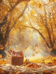 Poster - A picnic basket is set on a blanket in a golden autumn forest.