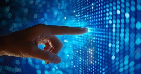 Aufkleber - A close-up shot of a hand pointing at glowing blue binary code, capturing a futuristic and technological atmosphere.