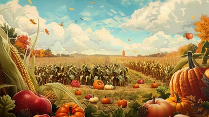 Poster - A bountiful autumn harvest in a field of corn stalks with ripe pumpkins and red apples scattered across the ground.