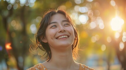 Canvas Print - Young, woman and portrait of a female laughing in a park for peace, contentment and vitality. Happy, smiling and confident asian girl radiating positivity outdoors for peace